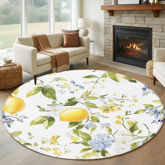Round Rugs 5Ft, Summer Lemon Round Area Rug Washable Indoor Throw Carpet, Yellow Blue Spring Floral Botanical Soft Non Slip Circle Rug for Cabinet Bathroom Home Decor Aesthetic