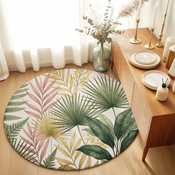 Round Rugs 5Ft, Summer Palm Leaves Round Area Rug Washable Indoor Throw Carpet, Tropical Leaves Plants Yellow Berry Beige Soft Non Slip Circle Rug for Cabinet Bathroom Home Decor Aesthetic