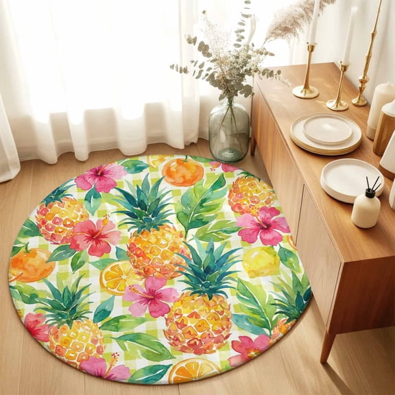 Round Rugs 5Ft, Summer Pineapple Round Area Rug Washable Indoor Throw Carpet, Tropical Fruits Lemon Sage Green Plaid Soft Non Slip Circle Rug for Cabinet Bathroom Home Decor Aesthetic
