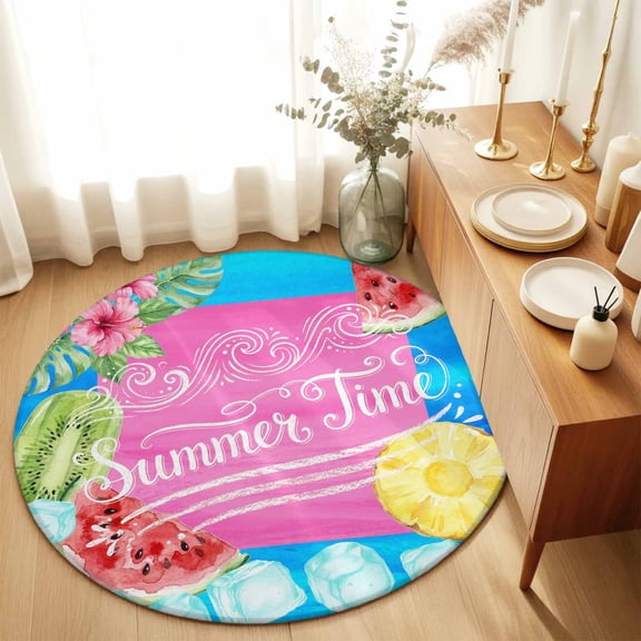 Round Rugs 5Ft, Summer Time Round Area Rug Washable Indoor Throw Carpet, Watermelon Fruits Popsicles Flowers Ice Cubes Soft Non Slip Circle Rug for Cabinet Bathroom Home Decor Aesthetic
