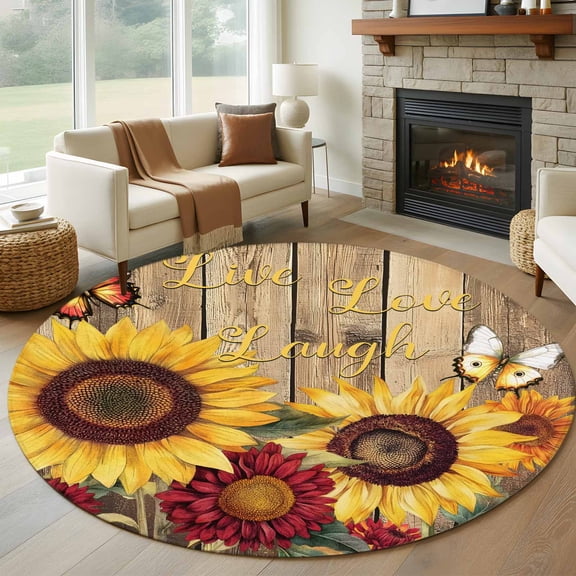 Round Rugs 5Ft, Sunflower Brown Wooden Round Area Rug Washable Indoor Throw Carpet, Vintage Flowers Butterfly Soft Non Slip Circle Rug for Cabinet Bathroom Home Decor Aesthetic