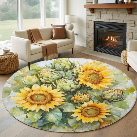 Round Rugs 5Ft, Sunflower Round Area Rug Washable Indoor Throw Carpet, Floral Blossom Flowers Pastoral Pastel Petals Soft Non Slip Circle Rug for Cabinet Bathroom Home Decor Aesthetic