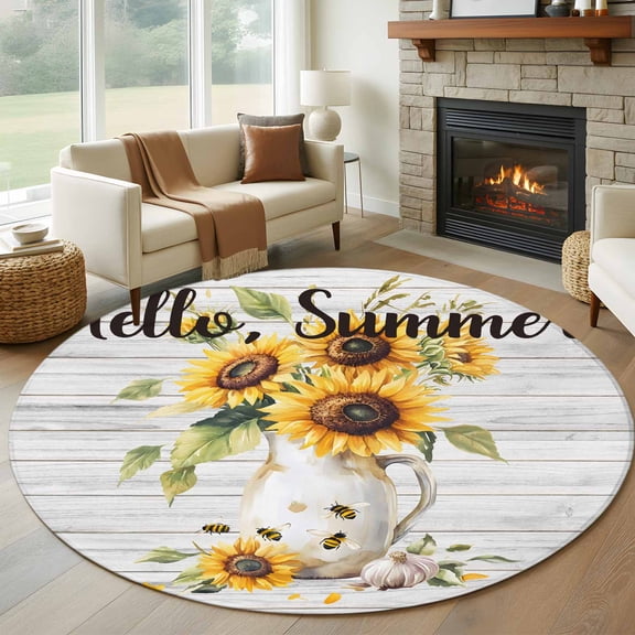 Round Rugs 5Ft, Sunflower Round Area Rug Washable Indoor Throw Carpet, Summer Bee Wildflower Vintage Grey Wood Grain Soft Non Slip Circle Rug for Cabinet Bathroom Home Decor Aesthetic