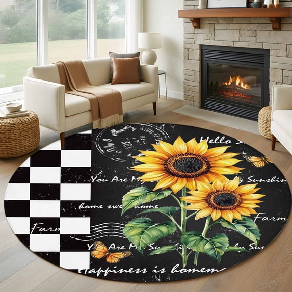 Round Rugs 5Ft, Sunflower Round Area Rug Washable Indoor Throw Carpet, Summer Botanical Floral Vintage Black Plaid Soft Non Slip Circle Rug for Cabinet Bathroom Home Decor Aesthetic