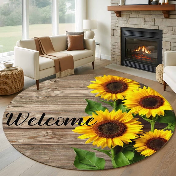 Round Rugs 5Ft, Sunflower Welcome Round Area Rug Washable Indoor Throw Carpet, Farmhouse Brown Wood Grain Rustic Soft Non Slip Circle Rug for Cabinet Bathroom Home Decor Aesthetic