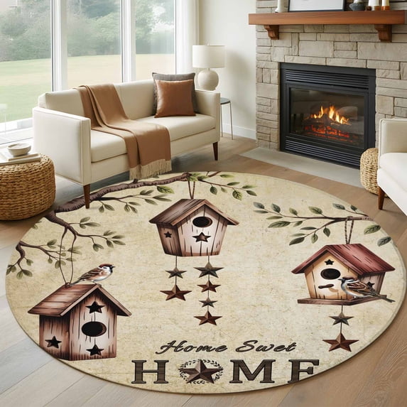 Round Rugs 5Ft, Sweet Home Round Area Rug Washable Indoor Throw Carpet, Western Stars Bird Houses Country Vintage Soft Non Slip Circle Rug for Cabinet Bathroom Home Decor Aesthetic
