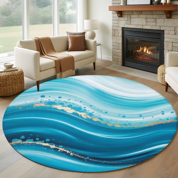 Round Rugs 5Ft, Teal Abstract Waves Round Area Rug Washable Indoor Throw Carpet, Water Ripple Stripes Modern Soft Non Slip Circle Rug for Cabinet Bathroom Home Decor Aesthetic