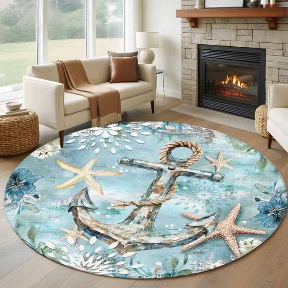 Round Rugs 5Ft, Teal Anchor Coastal Round Area Rug Washable Indoor Throw Carpet, Nautical Summer Beach Starfish Botanical Soft Non Slip Circle Rug for Cabinet Bathroom Home Decor Aesthetic