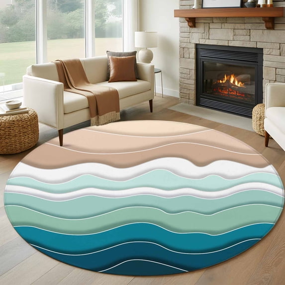Round Rugs 5Ft, Teal Blue Ombre Stripe Round Area Rug Washable Indoor Throw Carpet, Abstract Summer Beach Coastal Soft Non Slip Circle Rug for Cabinet Bathroom Home Decor Aesthetic