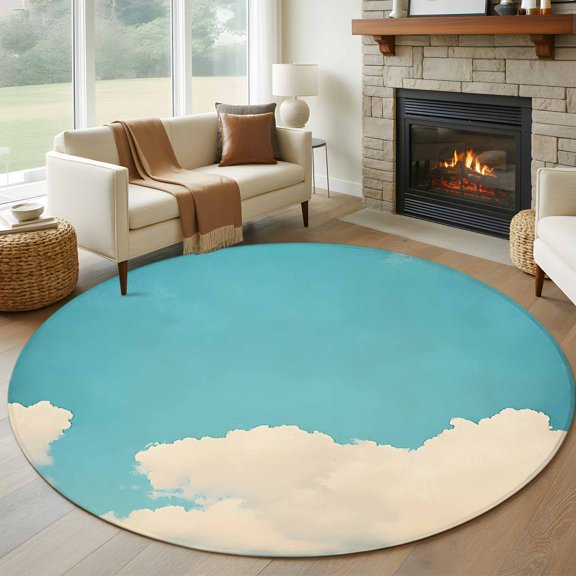 Round Rugs 5Ft, Teal Blue Sky Round Area Rug Washable Indoor Throw Carpet, Modern Clouds Nature Scenery Soft Non Slip Circle Rug for Cabinet Bathroom Home Decor Aesthetic
