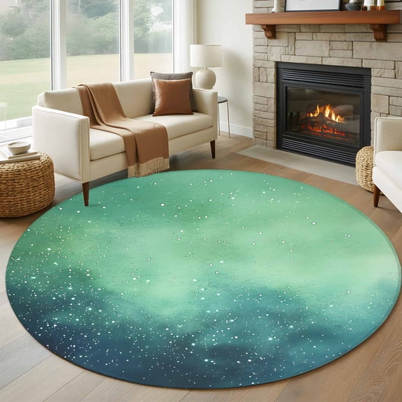 Round Rugs 5Ft, Teal Blue Starry Sky Round Area Rug Washable Indoor Throw Carpet, Modern Retro Glow Star Night Soft Non Slip Circle Rug for Cabinet Bathroom Home Decor Aesthetic