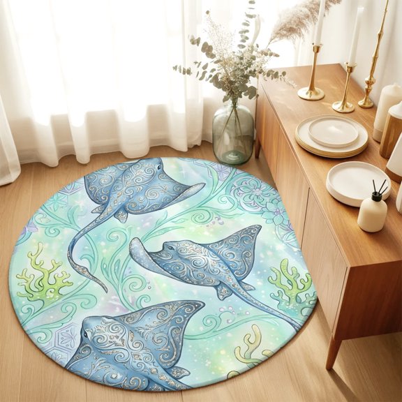 Round Rugs 5Ft, Teal Blue Stingray Round Area Rug Washable Indoor Throw Carpet, Ocean Coastal Chic Flowers Corals Soft Non Slip Circle Rug for Cabinet Bathroom Home Decor Aesthetic