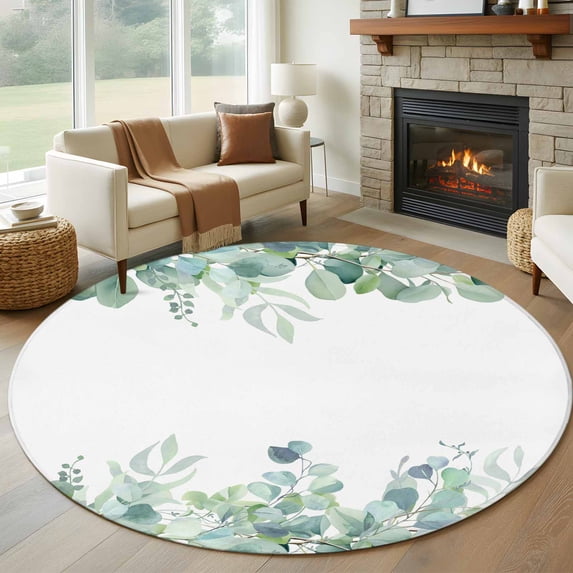 Round Rugs 5Ft, Teal Botanical Round Area Rug Washable Indoor Throw Carpet, Spring Floral Summer Eucalyptus Leaf Soft Non Slip Circle Rug for Cabinet Bathroom Home Decor Aesthetic