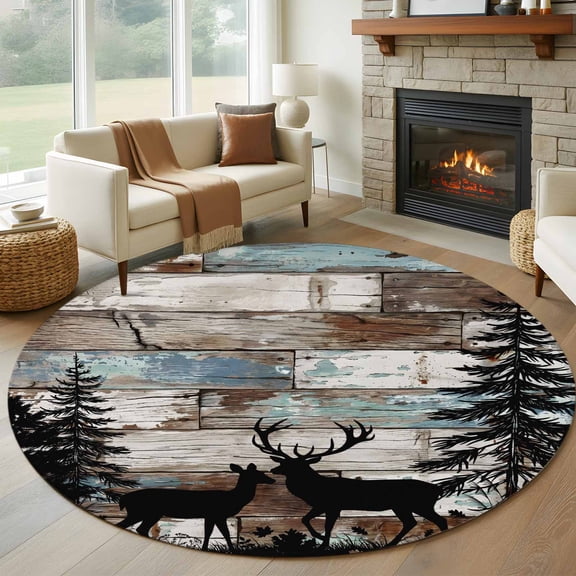Round Rugs 5Ft, Teal Brown Deer Silhouettes Round Area Rug Washable Indoor Throw Carpet, Trees Wooden Retro Art Farmhouse Soft Non Slip Circle Rug for Cabinet Bathroom Home Decor Aesthetic