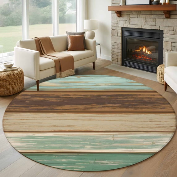 Round Rugs 5Ft, Teal Brown Round Area Rug Washable Indoor Throw Carpet, Farmhouse Rustic Wooden Plank Board Soft Non Slip Circle Rug for Cabinet Bathroom Home Decor Aesthetic