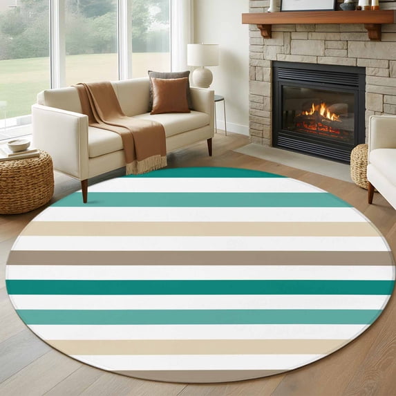 Round Rugs 5Ft, Teal Brown Striped Round Area Rug Washable Indoor Throw Carpet, Farmhouse Stripes Simple Art Soft Non Slip Circle Rug for Cabinet Bathroom Home Decor Aesthetic