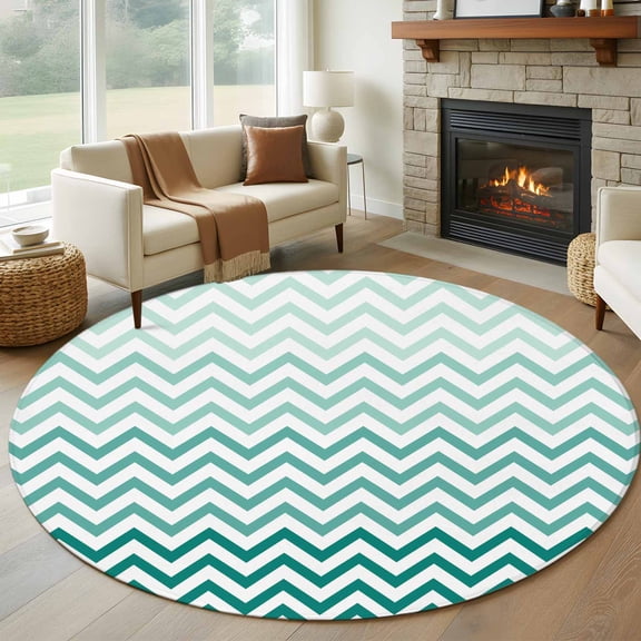Round Rugs 5Ft, Teal Chevron Round Area Rug Washable Indoor Throw Carpet, Ombre Geometric Ocean Wave V-shaped Soft Non Slip Circle Rug for Cabinet Bathroom Home Decor Aesthetic