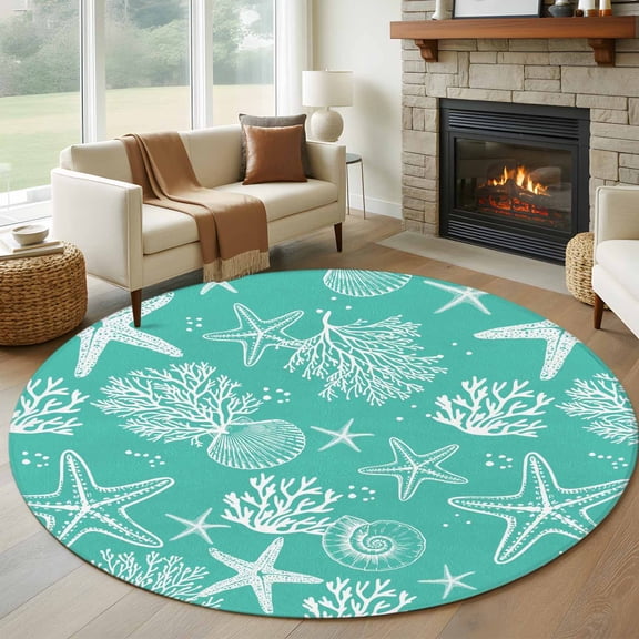 Round Rugs 5Ft, Teal Coastal Round Area Rug Washable Indoor Throw Carpet, Nautical Beach Starfish Coral Summer Soft Non Slip Circle Rug for Cabinet Bathroom Home Decor Aesthetic