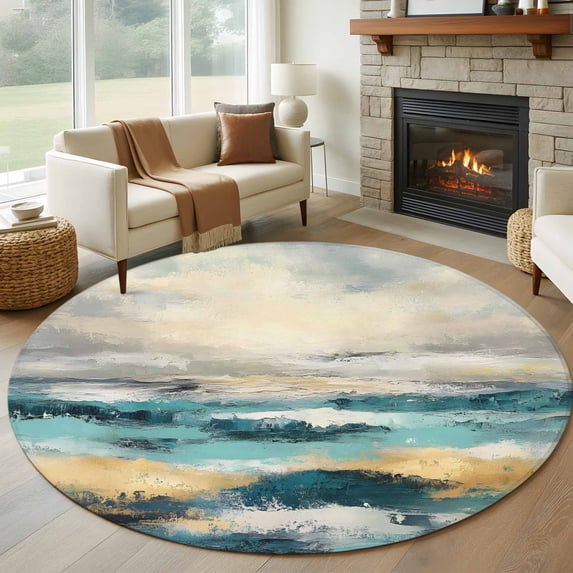 Round Rugs 5Ft, Teal Gold Coastal Wave Round Area Rug Washable Indoor Throw Carpet, Abstract Oil Painting Ocean Soft Non Slip Circle Rug for Cabinet Bathroom Home Decor Aesthetic