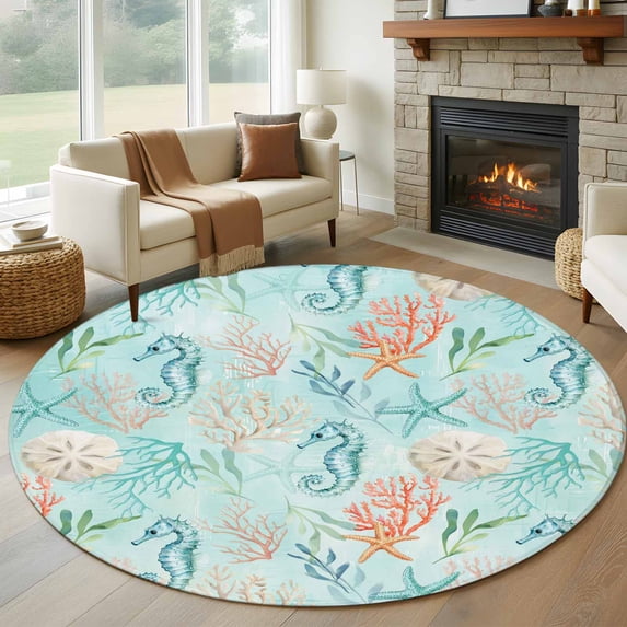 Round Rugs 5Ft, Teal Red Coastal Round Area Rug Washable Indoor Throw Carpet, Nautical Seahorse Beach Coral Starfish Soft Non Slip Circle Rug for Cabinet Bathroom Home Decor Aesthetic