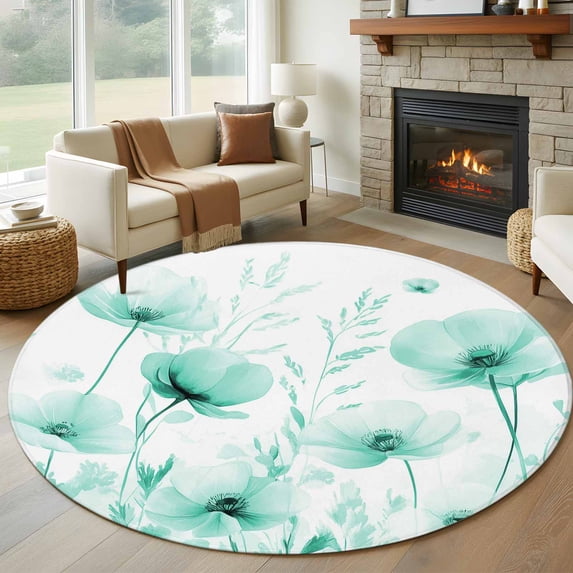 Round Rugs 5Ft, Teal Spring Floral Round Area Rug Washable Indoor Throw Carpet, Summer Botanical Watercolor Vintage Soft Non Slip Circle Rug for Cabinet Bathroom Home Decor Aesthetic