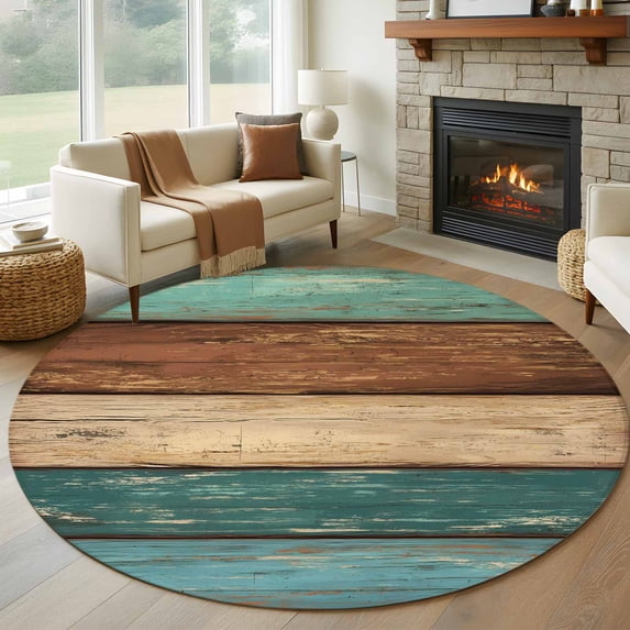 Round Rugs 5Ft, Teal Turquoise Wooden Round Area Rug Washable Indoor Throw Carpet, Rustic Retro Farmhouse Western Country Soft Non Slip Circle Rug for Cabinet Bathroom Home Decor Aesthetic
