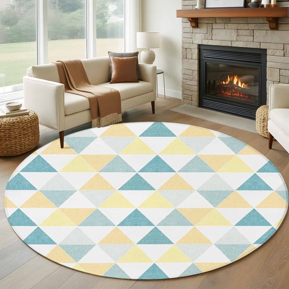 Round Rugs 5Ft, Teal Yellow Geometric Round Area Rug Washable Indoor Throw Carpet, Modern Triangle Abstract Art Soft Non Slip Circle Rug for Cabinet Bathroom Home Decor Aesthetic