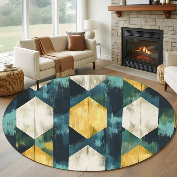 Round Rugs 5Ft, Teal Yellow Rhombus Round Area Rug Washable Indoor Throw Carpet, Geometric Abstract Art Soft Non Slip Circle Rug for Cabinet Bathroom Home Decor Aesthetic