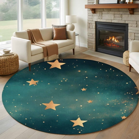 Round Rugs 5Ft, Teal Yellow Star Round Area Rug Washable Indoor Throw Carpet, Elegant Sky Star Art Soft Non Slip Circle Rug for Cabinet Bathroom Home Decor Aesthetic