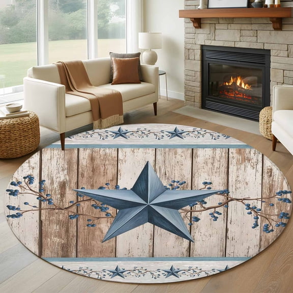Round Rugs 5Ft, Texas Star Rustic Round Area Rug Washable Indoor Throw Carpet, Country Blue Berry Brown Wooden Plank Soft Non Slip Circle Rug for Cabinet Bathroom Home Decor Aesthetic