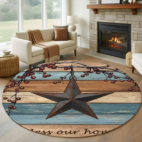 Round Rugs 5Ft, Texas Star Vintage Round Area Rug Washable Indoor Throw Carpet, Berry Navy Blue Brown Wooden Soft Non Slip Circle Rug for Cabinet Bathroom Home Decor Aesthetic