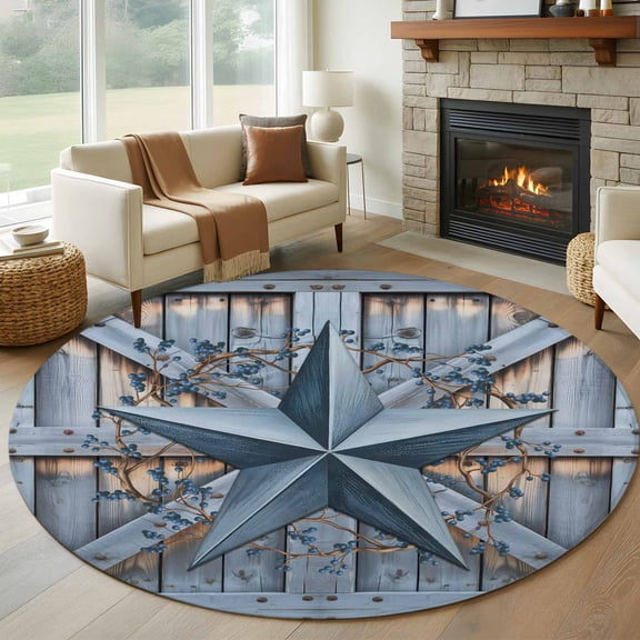 Round Rugs 5Ft, Texas Star Vintage Round Area Rug Washable Indoor Throw Carpet, Navy Blue Berry Wooden Retro Soft Non Slip Circle Rug for Cabinet Bathroom Home Decor Aesthetic