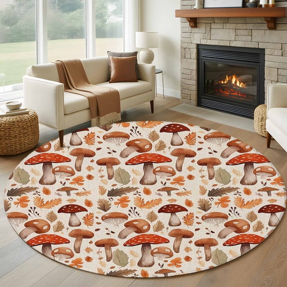 Round Rugs 5Ft, Thanksgiving Fall Round Area Rug Washable Indoor Throw Carpet, Mushroom Orange Maple Leaf Botanical Soft Non Slip Circle Rug for Cabinet Bathroom Home Decor Aesthetic