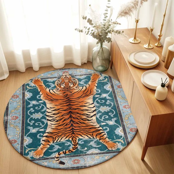 Round Rugs 5Ft, Tiger Retro Round Area Rug Washable Indoor Throw Carpet, Bohemia Blue Ethnic Floral Vintage Animal Soft Non Slip Circle Rug for Cabinet Bathroom Home Decor Aesthetic