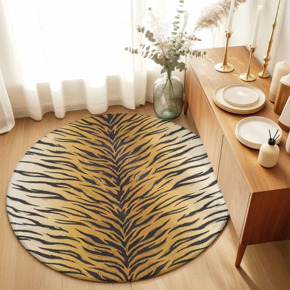 Round Rugs 5Ft, Tiger Stripe Round Area Rug Washable Indoor Throw Carpet, Brown Animals Texture Vintage Soft Non Slip Circle Rug for Cabinet Bathroom Home Decor Aesthetic