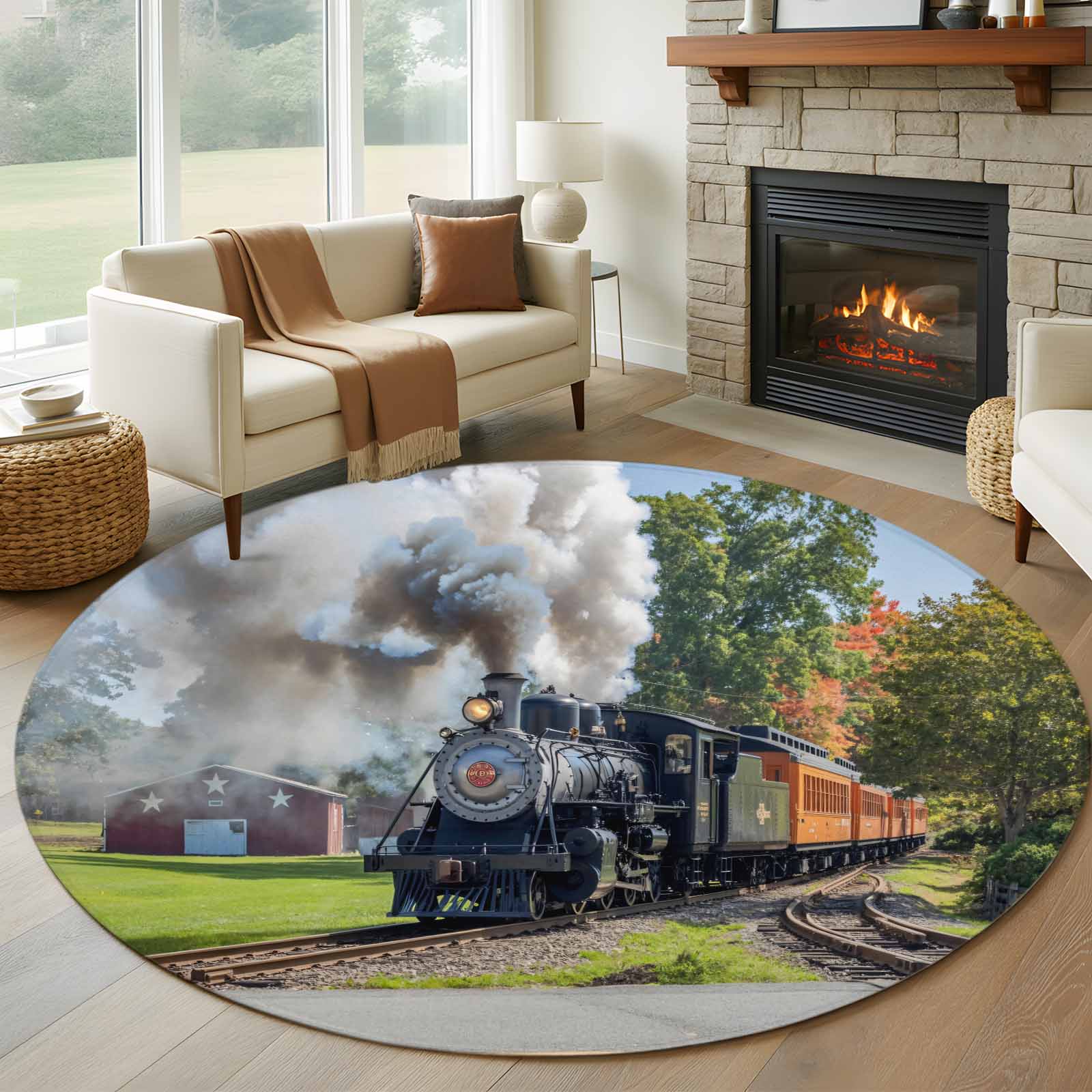 Red Train Rug Round Rugs 5Ft, Train Railway Round Area Rug Washable Indoor Throw ...