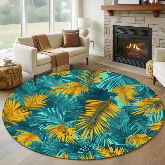 Round Rugs 5Ft, Tropical Leaves Round Area Rug Washable Indoor Throw Carpet, Retro Pastel Turquoise Gold Palm Plant Soft Non Slip Circle Rug for Cabinet Bathroom Home Decor Aesthetic