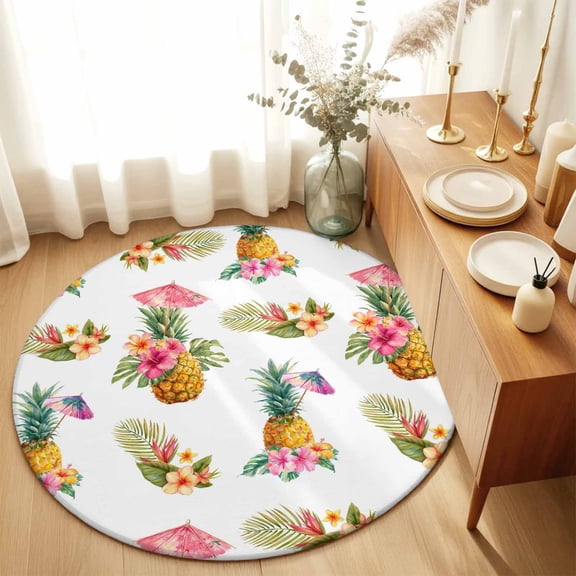 Round Rugs 5Ft, Tropical Pineapple Round Area Rug Washable Indoor Throw Carpet, Summer Palm Leaves Flowers Soft Non Slip Circle Rug for Cabinet Bathroom Home Decor Aesthetic