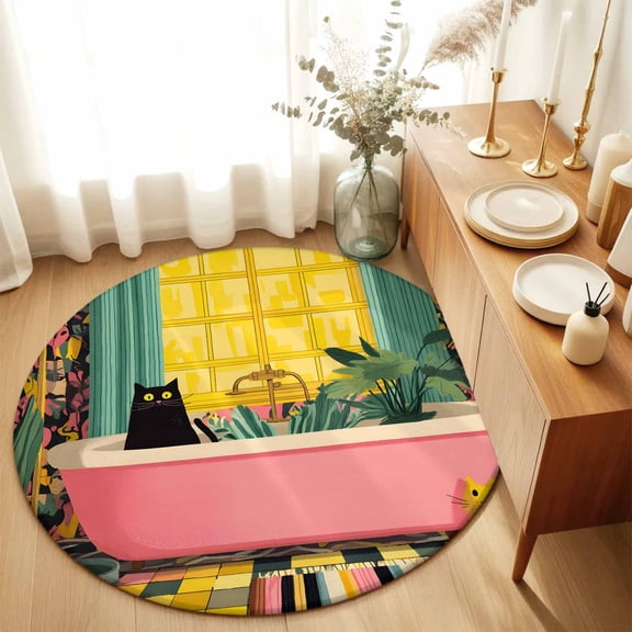 Round Rugs 5Ft, Tropical Plants Round Area Rug Washable Indoor Throw Carpet, Vintage Palm Leaves Cat on Bathtub Pink Soft Non Slip Circle Rug for Cabinet Bathroom Home Decor Aesthetic
