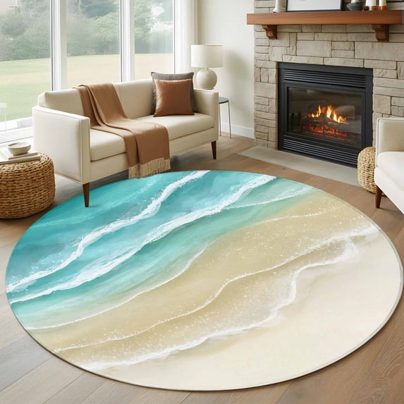 Round Rugs 5Ft, Turquoise Beach Coastal Round Area Rug Washable Indoor Throw Carpet, Summer Ocean Nautical Seaside Soft Non Slip Circle Rug for Cabinet Bathroom Home Decor Aesthetic