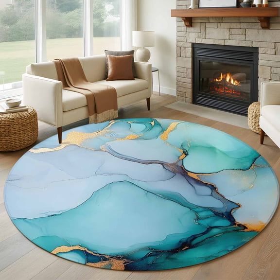 Round Rugs 5Ft, Turquoise Marble Round Area Rug Washable Indoor Throw Carpet, Abstract Green Modern Luxury Cracks Soft Non Slip Circle Rug for Cabinet Bathroom Home Decor Aesthetic
