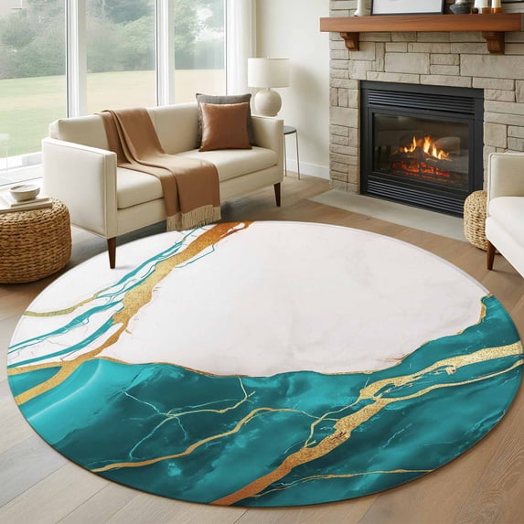 Round Rugs 5Ft, Turquoise Marble Round Area Rug Washable Indoor Throw Carpet, Modern Ink Painting Art Abstract Soft Non Slip Circle Rug for Cabinet Bathroom Home Decor Aesthetic