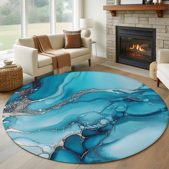 Round Rugs 5Ft, Turquoise Modern Round Area Rug Washable Indoor Throw Carpet, Teal Grey Marble Textured Soft Non Slip Circle Rug for Cabinet Bathroom Home Decor Aesthetic