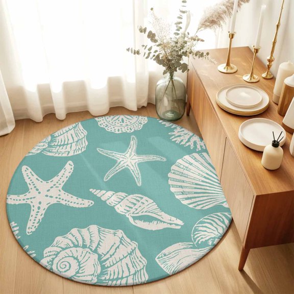 Round Rugs 5Ft, Turquoise Starfish Coastal Round Area Rug Washable Indoor Throw Carpet, Shell Summer Beach Nautical Soft Non Slip Circle Rug for Cabinet Bathroom Home Decor Aesthetic