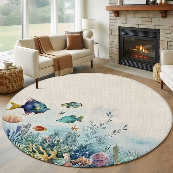 Round Rugs 5Ft, Underwater Fish Round Area Rug Washable Indoor Throw Carpet, Coastal Coral Starfish Retro Beige Soft Non Slip Circle Rug for Cabinet Bathroom Home Decor Aesthetic