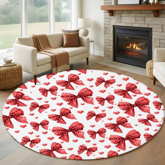 Round Rugs 5Ft, Valentine's Day Round Area Rug Washable Indoor Throw Carpet, Red Bows Love Heart Romantic Minimalist Soft Non Slip Circle Rug for Cabinet Bathroom Home Decor Aesthetic
