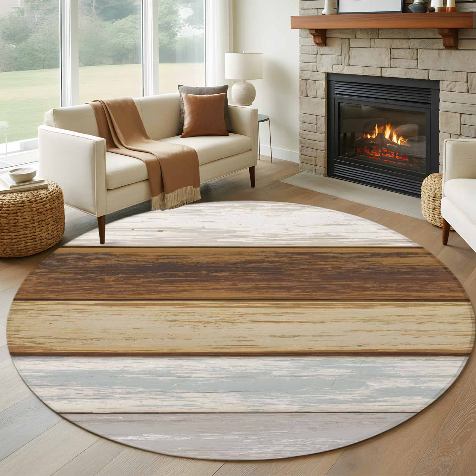 Solid Wood Rug Round Rugs 5Ft, Vintage Brown Wood Round Area Rug Washable Indoor Throw ...