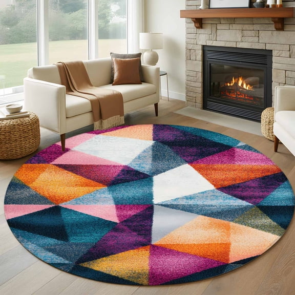 Round Rugs 5Ft, Vintage Coloful Rhombus Round Area Rug Washable Indoor Throw Carpet, Geometric Shabby Artwork Soft Non Slip Circle Rug for Cabinet Bathroom Home Decor Aesthetic