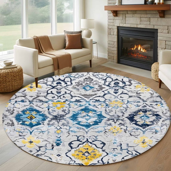 Round Rugs 5Ft, Vintage Ethnic Round Area Rug Washable Indoor Throw Carpet, Morocco Boho Farmhouse Abstract Texture Soft Non Slip Circle Rug for Cabinet Bathroom Home Decor Aesthetic