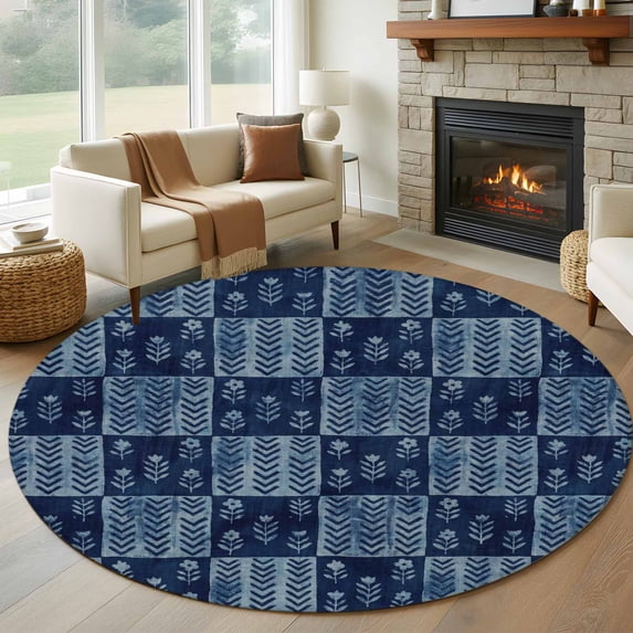 Round Rugs 5Ft, Vintage Floral Round Area Rug Washable Indoor Throw Carpet, Abstract Flowers Patchwork Country Navy Blue Soft Non Slip Circle Rug for Cabinet Bathroom Home Decor Aesthetic